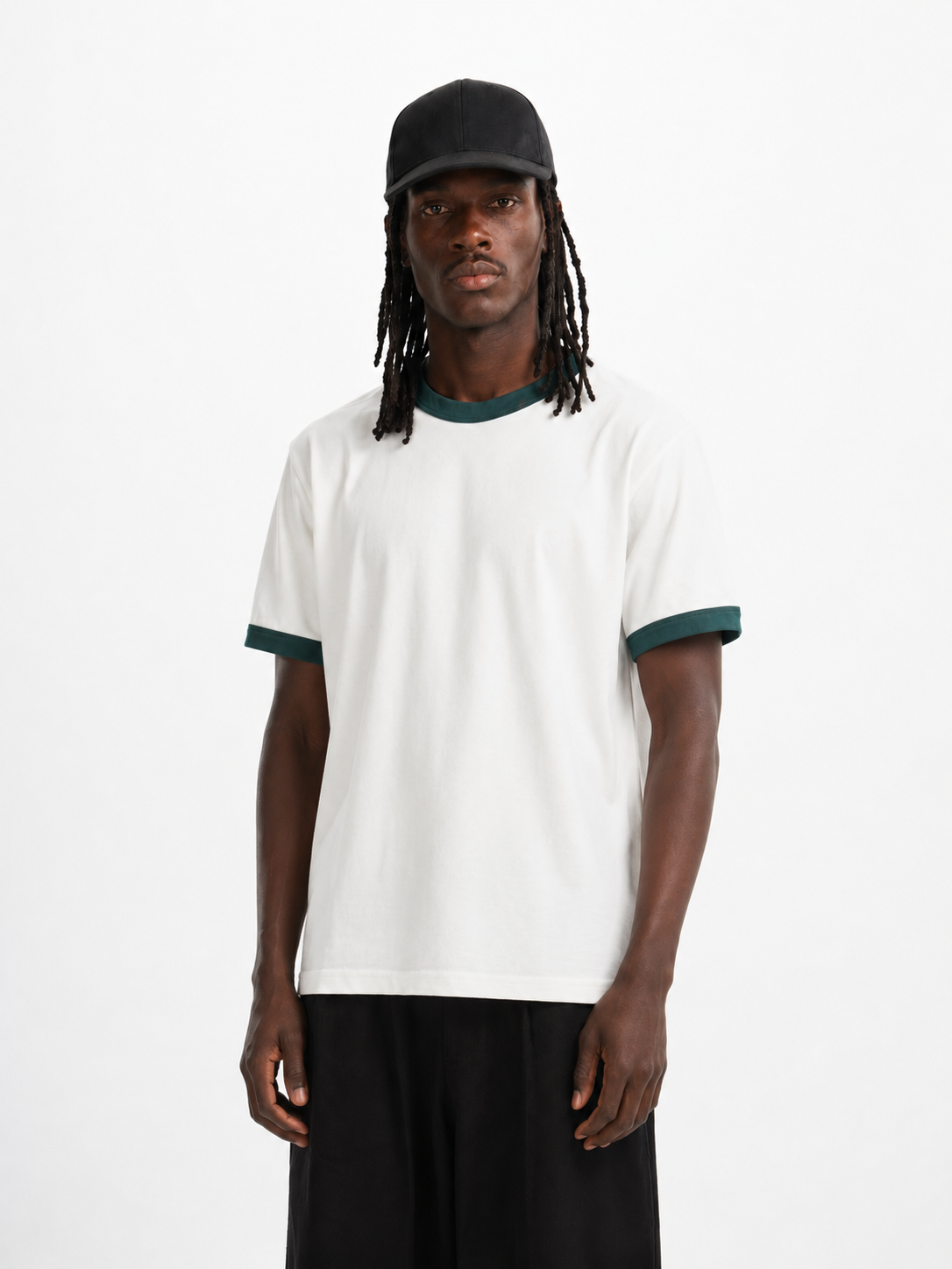 White Ringer Tee — Dark Teal