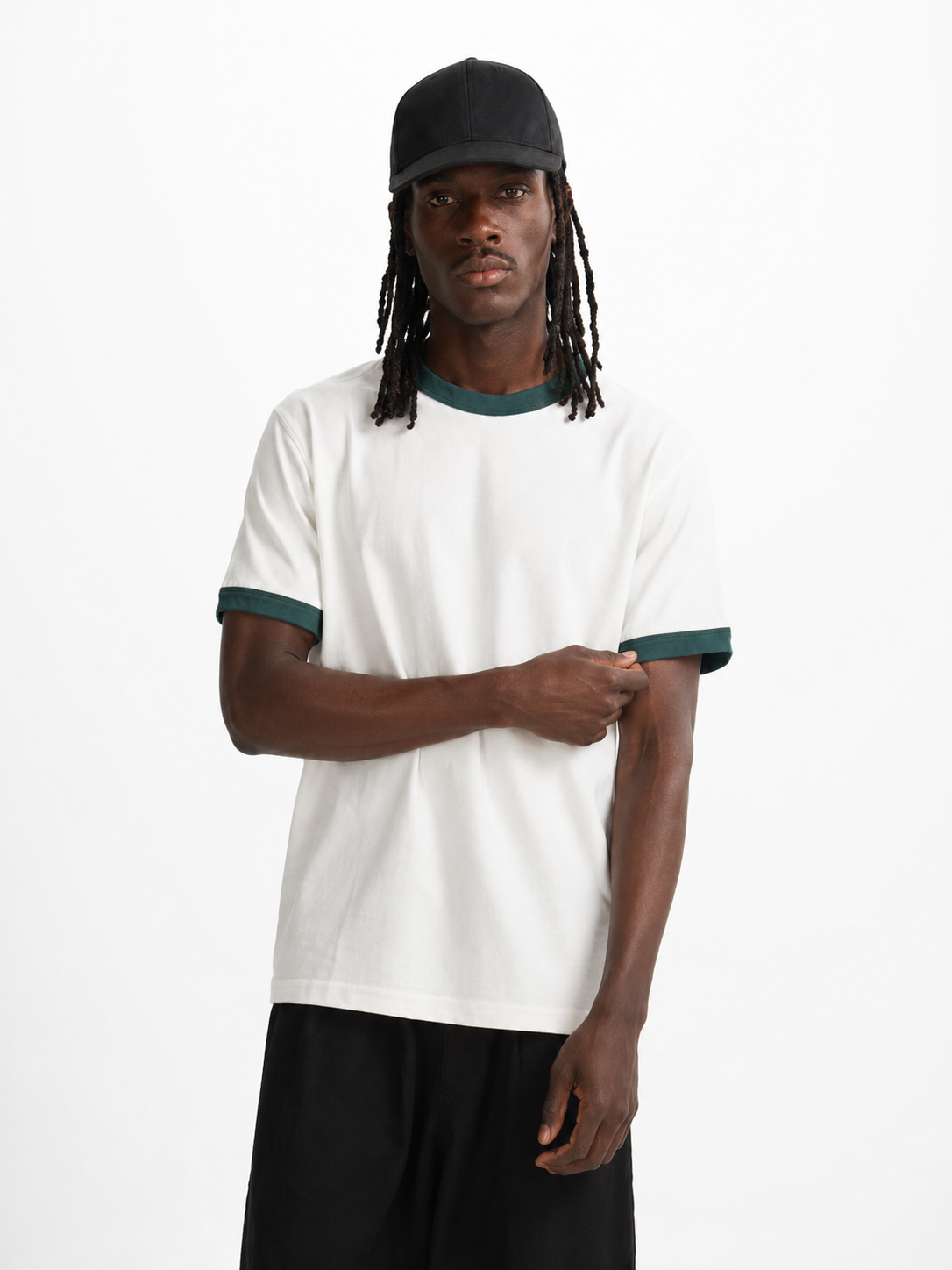 White Ringer Tee — Dark Teal