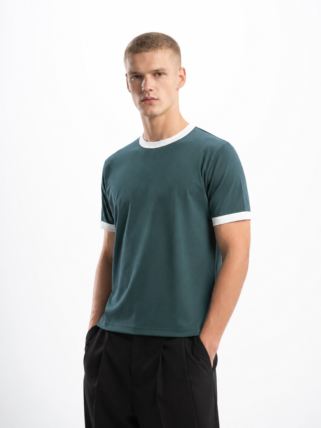 Dark Teal Ringer Tee — White
