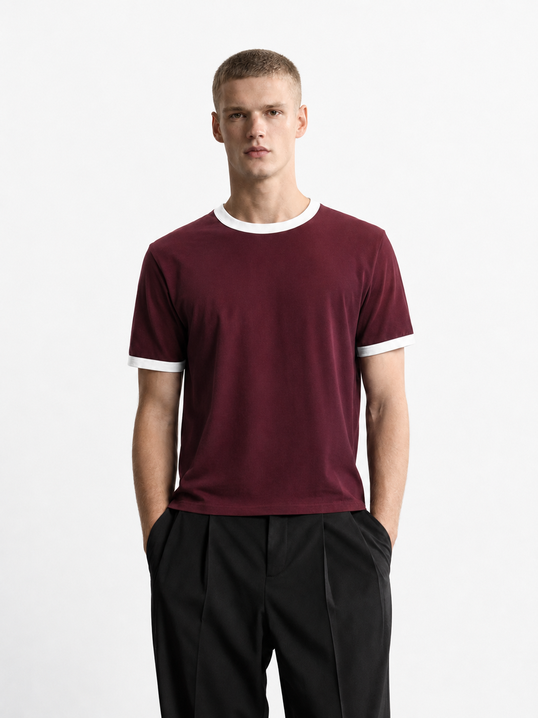 Burgundy Ringer Tee — White