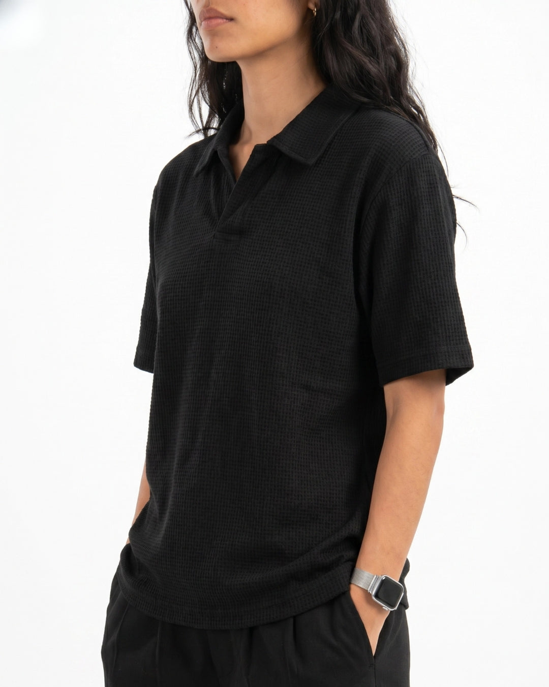 Black Waffle Knit Polo