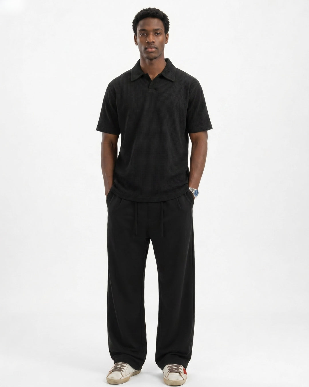 Black Waffle Knit Polo
