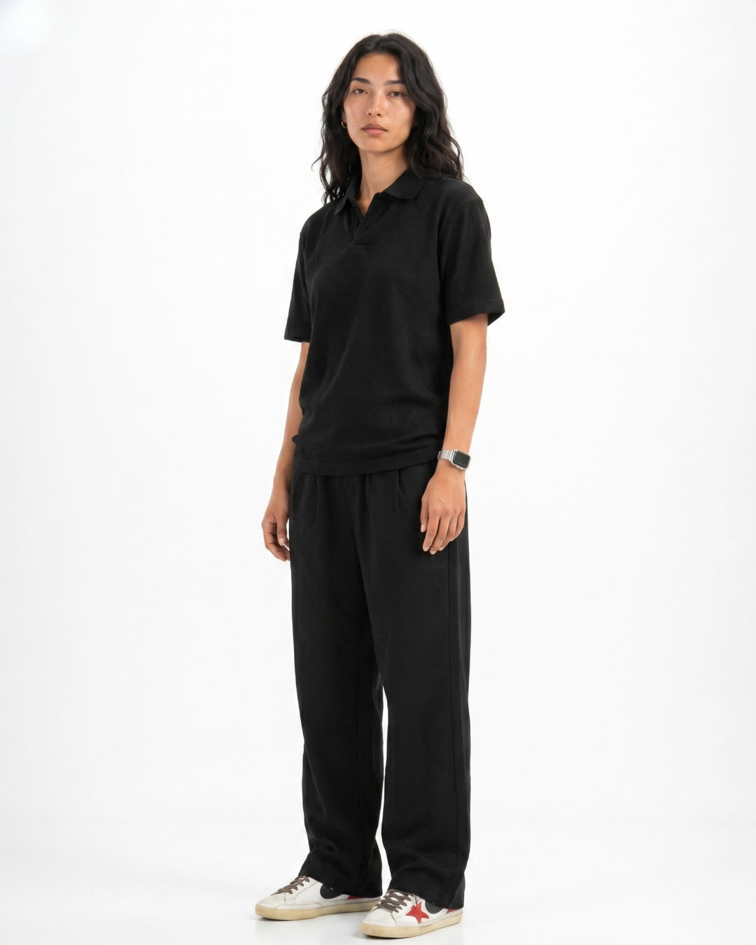 Black Waffle Knit Polo