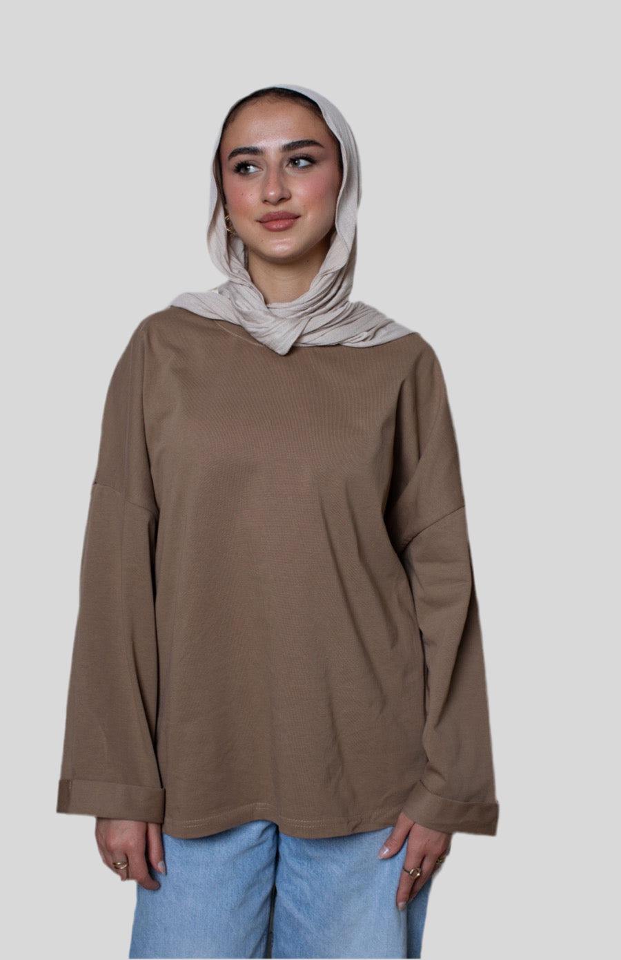 Beige Long Sleeve Oversized Tee