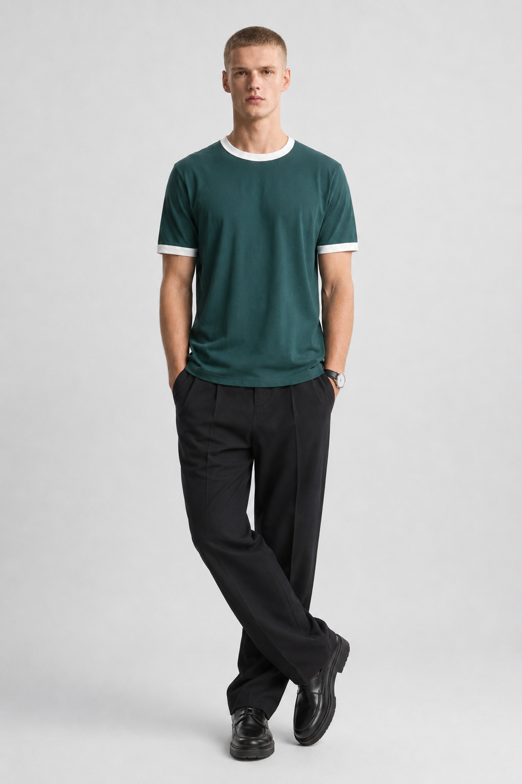 Dark Teal Ringer Tee — White