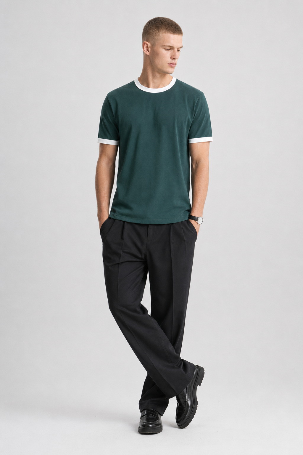 Dark Teal Ringer Tee — White