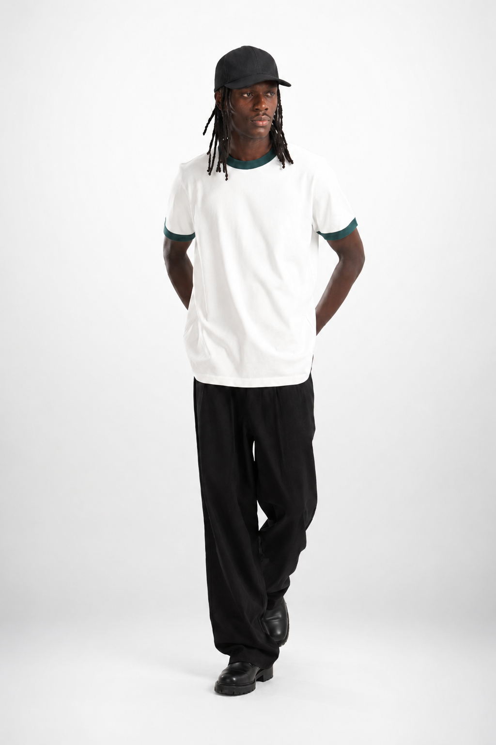 White Ringer Tee — Dark Teal