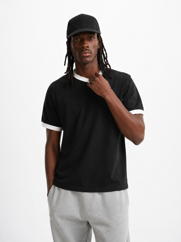 Black Ringer Tee — White