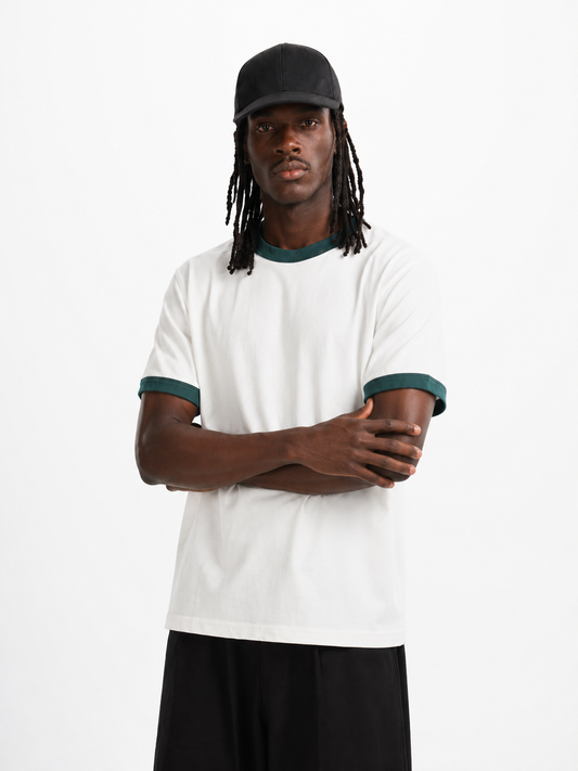 White Ringer Tee — Dark Teal