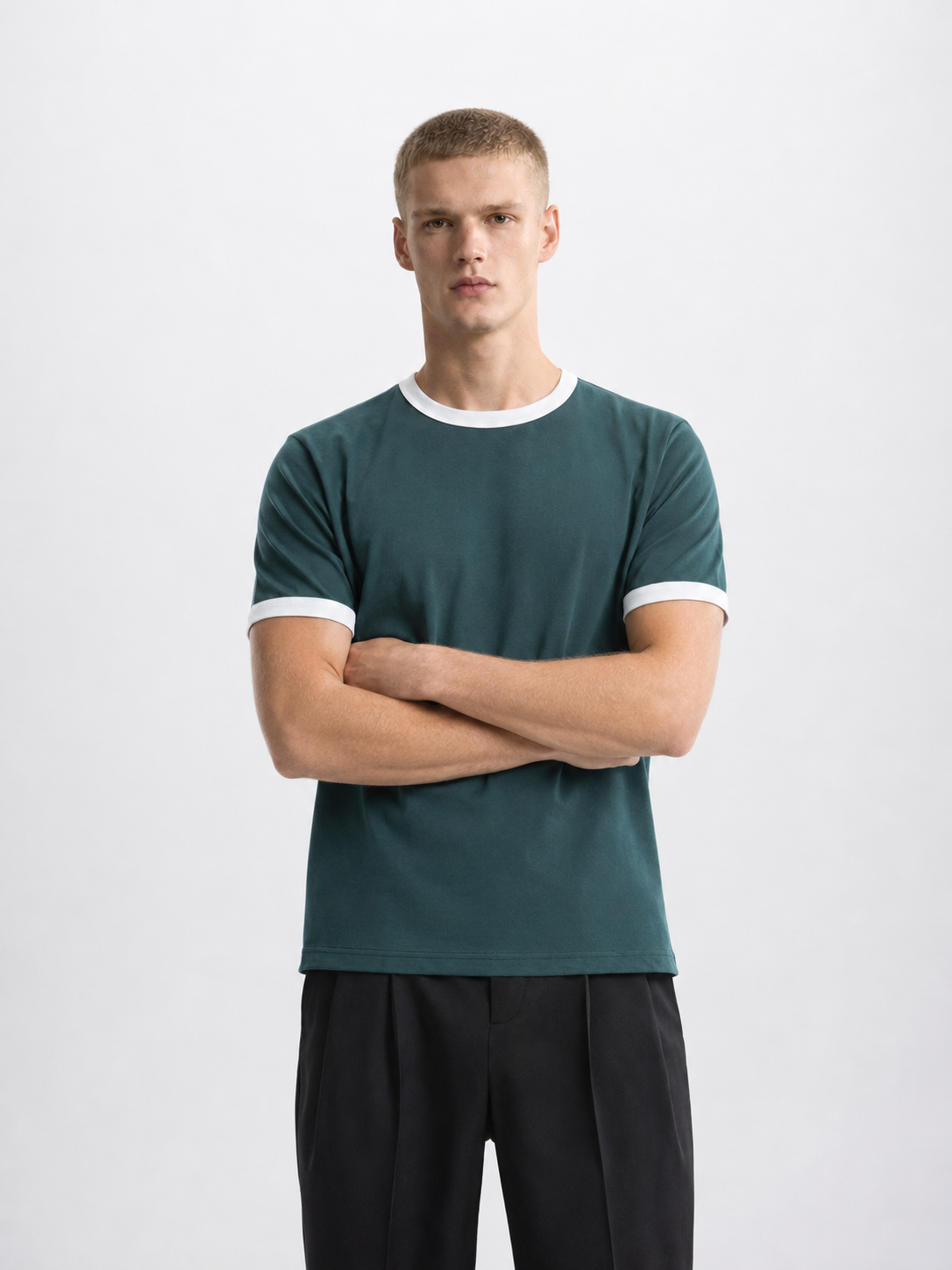 Dark Teal Ringer Tee — White
