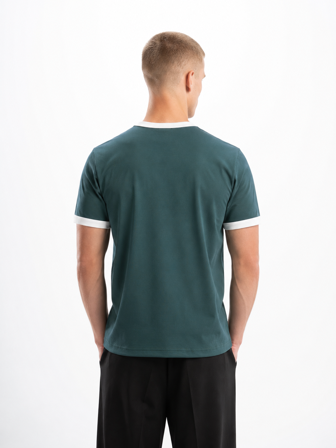 Dark Teal Ringer Tee — White