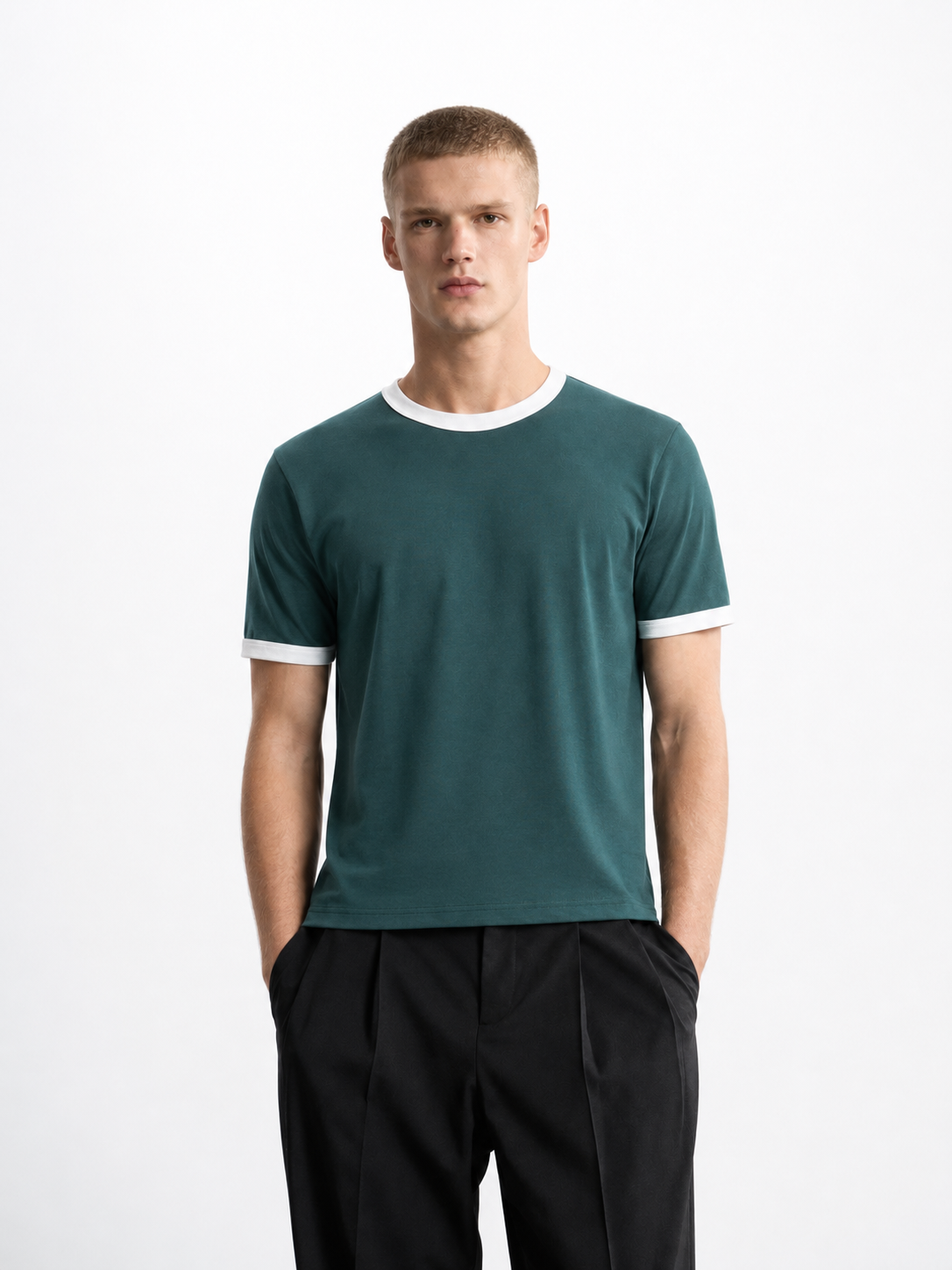 Dark Teal Ringer Tee — White