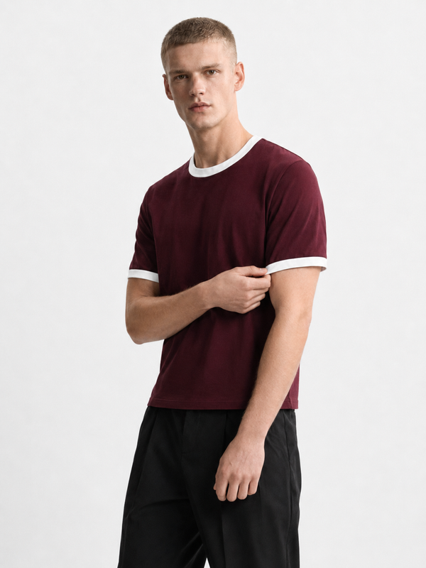 Burgundy Ringer Tee — White