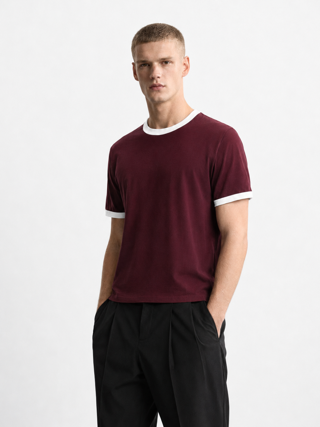 Burgundy Ringer Tee — White