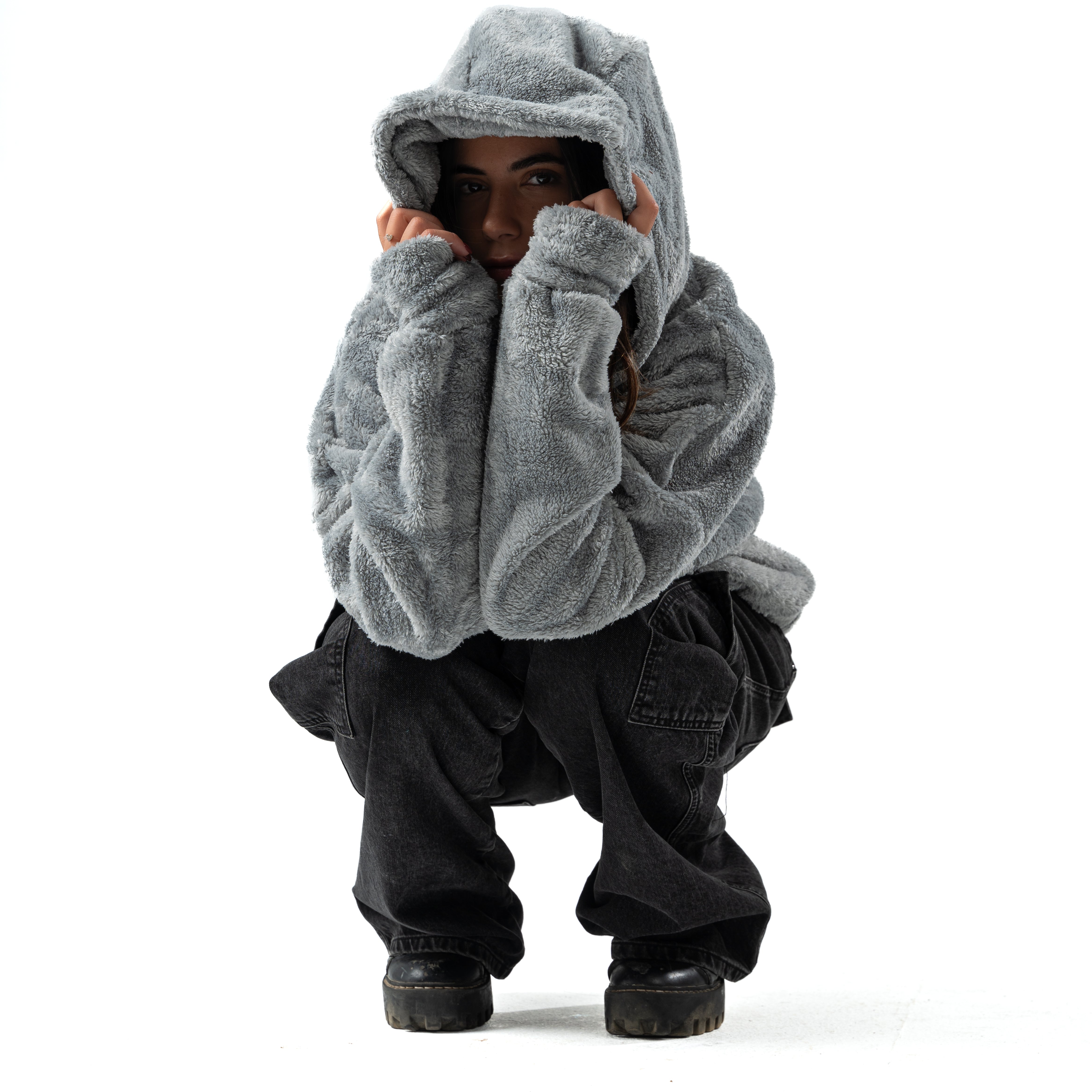 gray fur hoodie